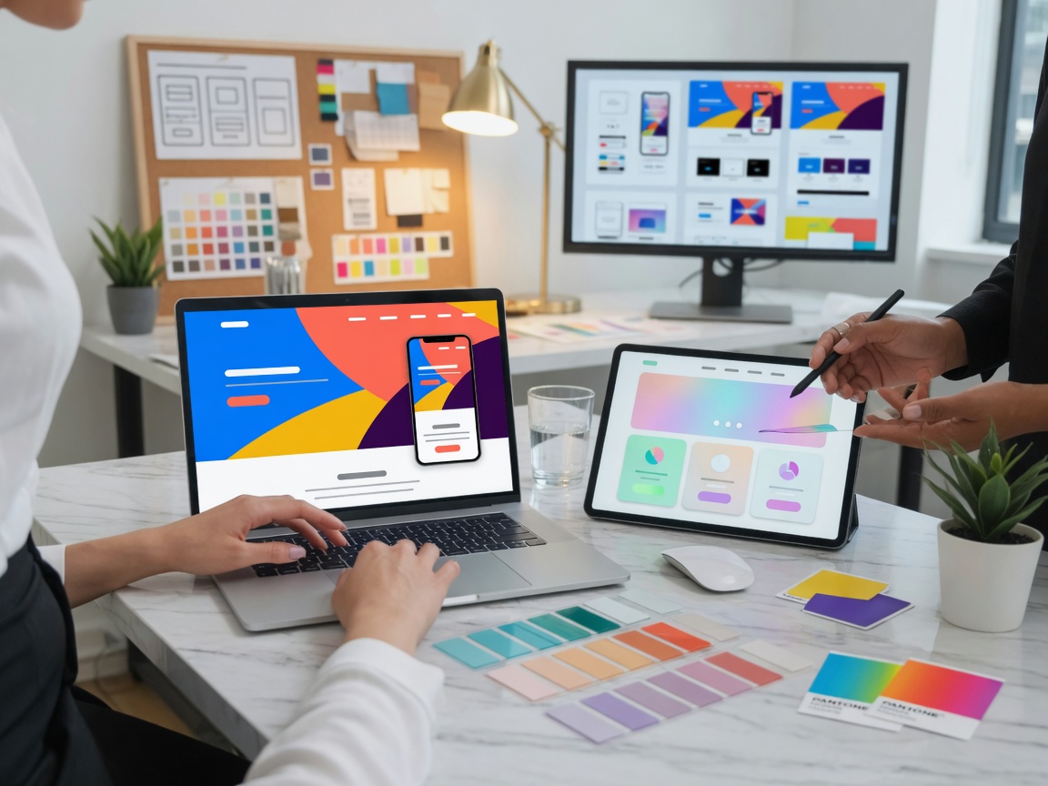 Professional web designer working on a modern laptop in a clean office